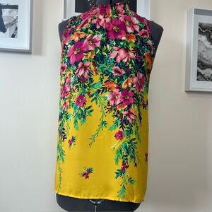 Chenault Floral Mock Neck Sleeveless Blouse Yellow Pink Smocked Neck Size L